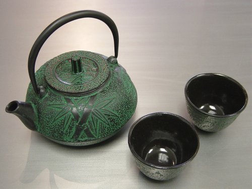 Japanese Cast iron Tea Pot Cup Set Green Bamboo 