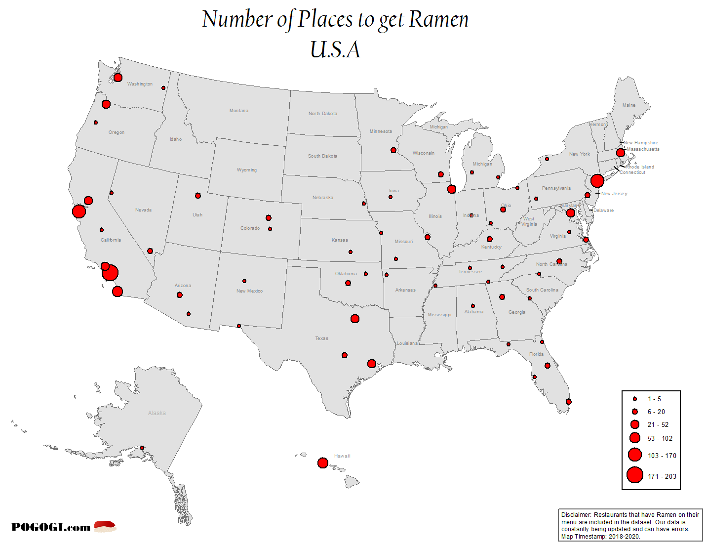 USA Map showing the number of places that serve Ramen