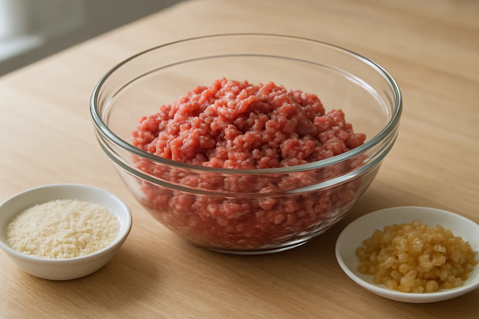 A glass bowl of coarsely ground raw beef and pork on a wooden counter, with a small dish of panko breadcrumbs and a saucer of diced onion beside it.