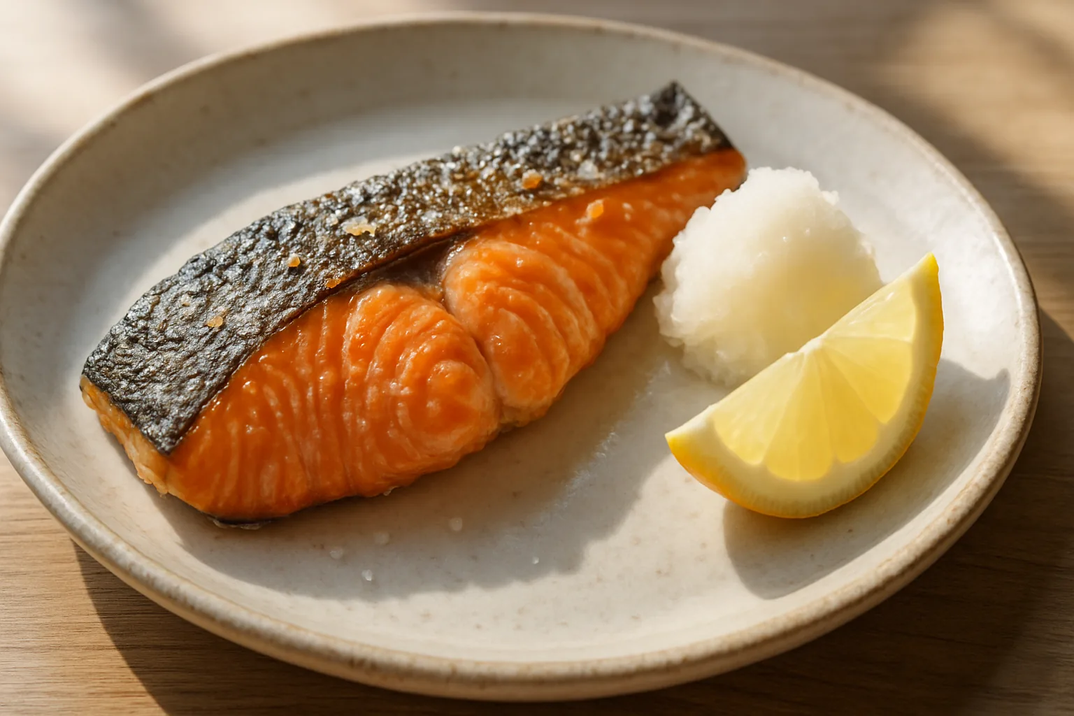 A grilled salted salmon fillet with crisp skin, plated with grated daikon and a citrus wedge.