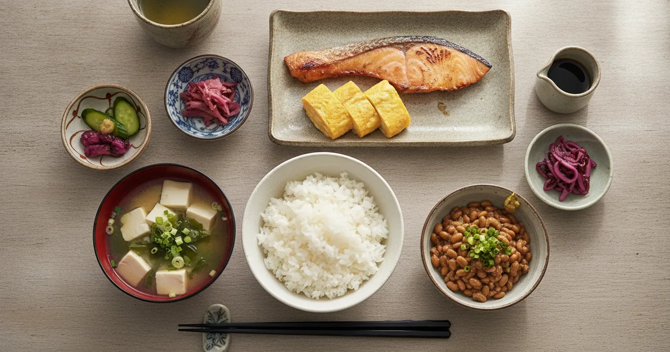 A traditional Japanese breakfast tray with a bowl of steamed rice, miso soup, grilled salmon, rolled omelette, and pickles.