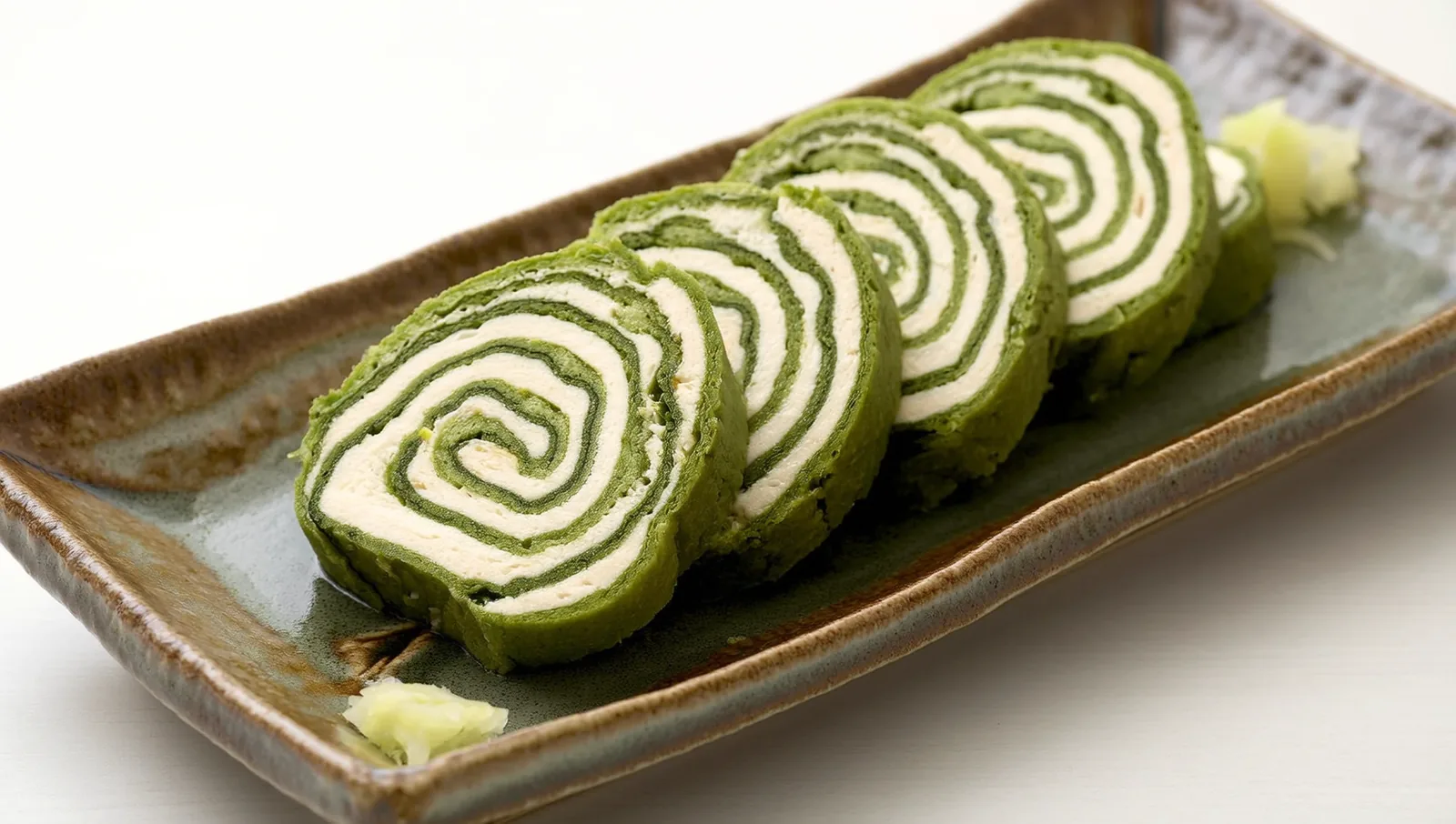 Slices of Japanese tamagoyaki rolled omelette showing the layered spiral, arranged on a ceramic plate.
