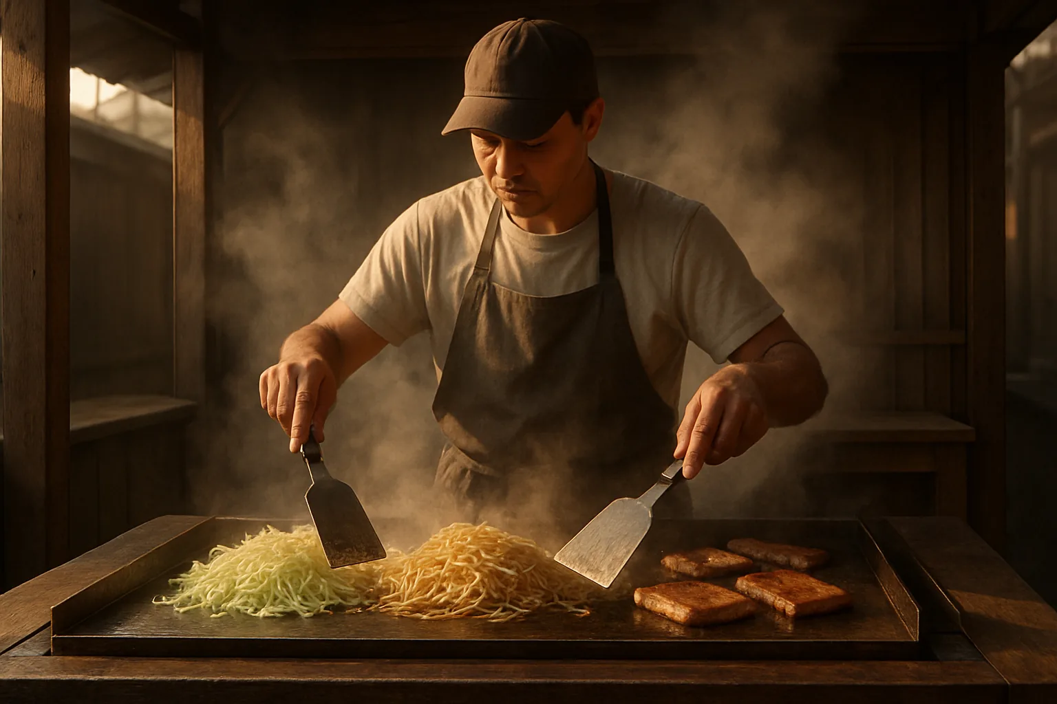 A cook working a wide flat griddle at an outdoor stall, tossing shredded cabbage and noodles with two metal spatulas as steam rises.