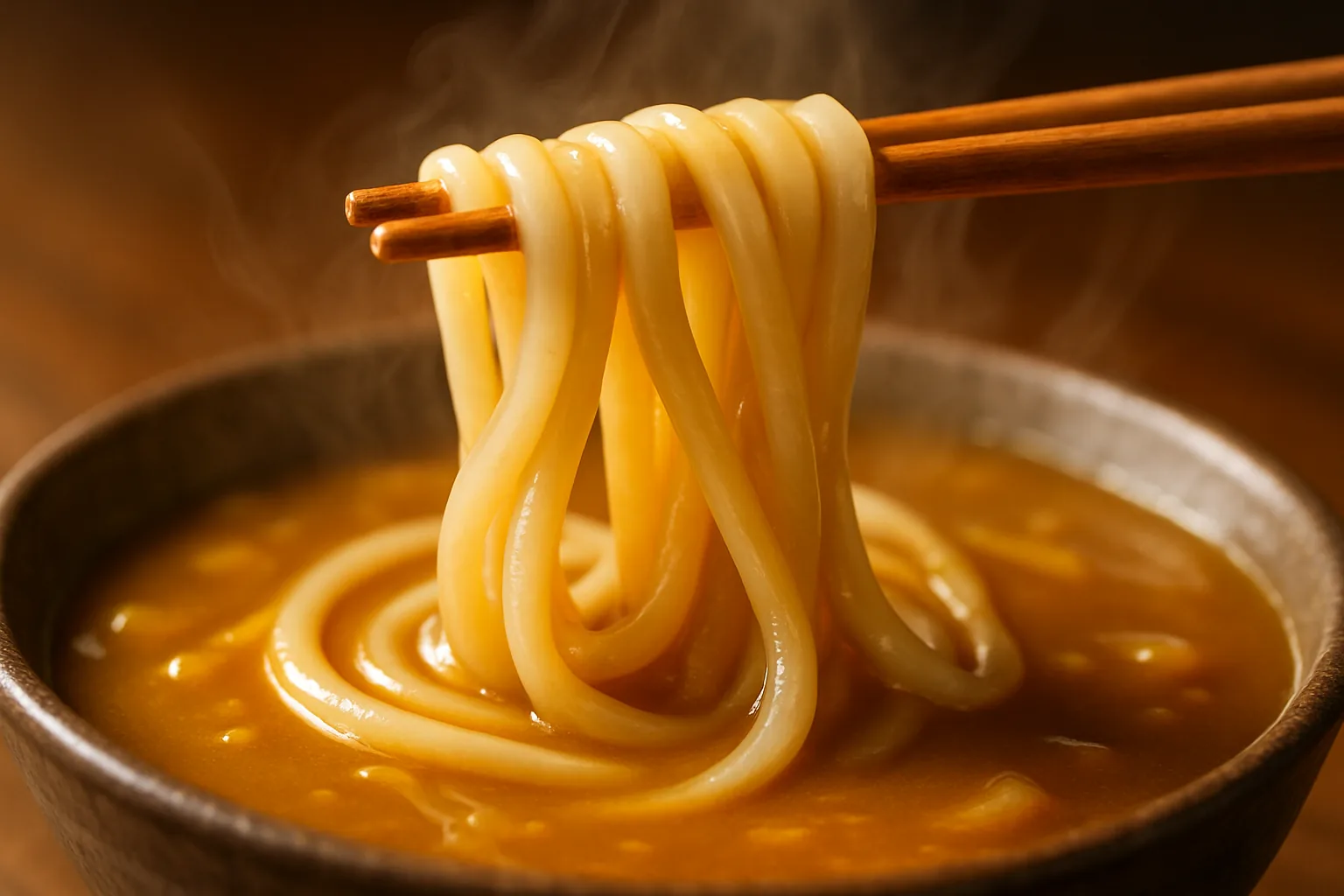 Thick white udon noodles lifted with wooden chopsticks from a bowl of glossy golden Kyoto curry broth, with steam rising.