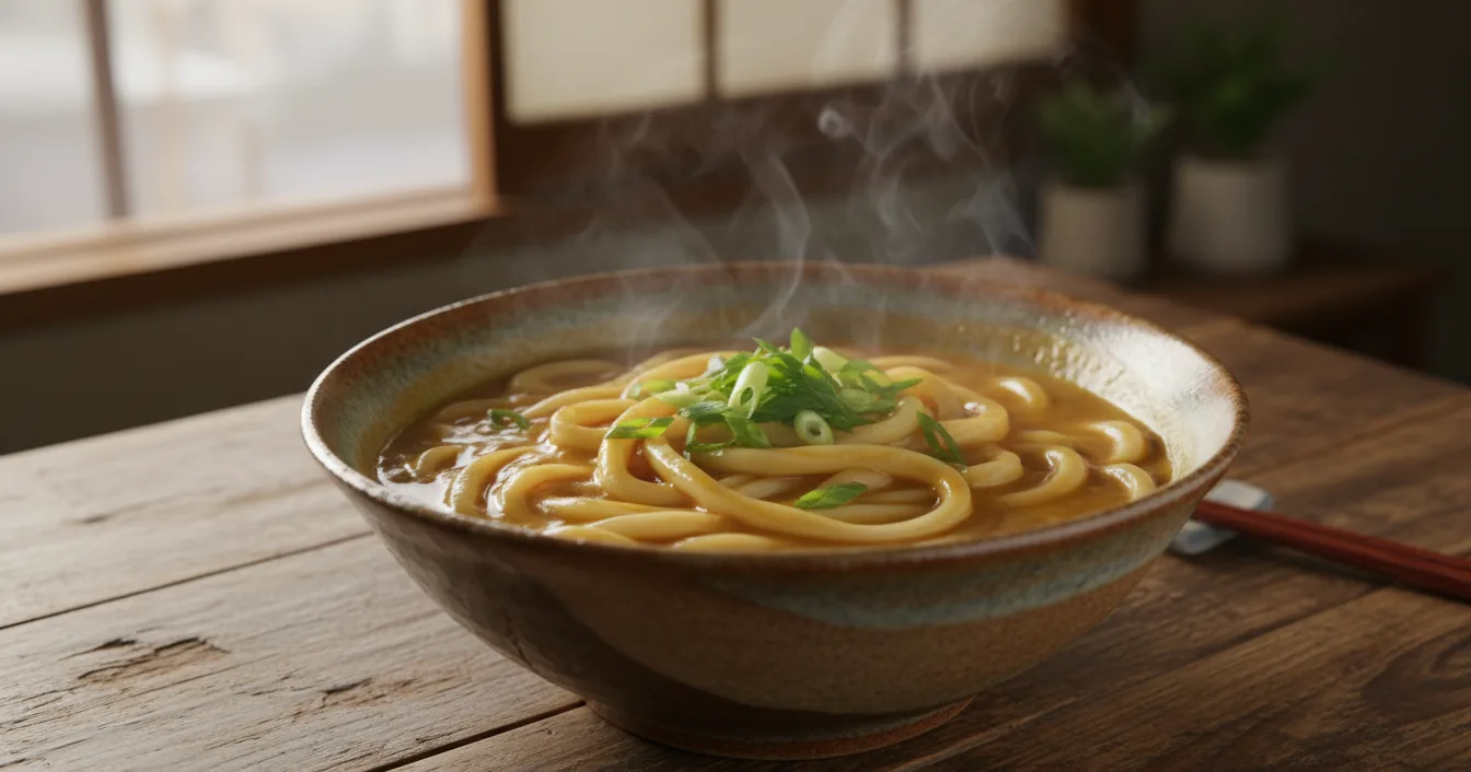 A bowl of Kyoto-style curry udon with a glossy, amber, dashi-forward broth clinging to thick white noodles.