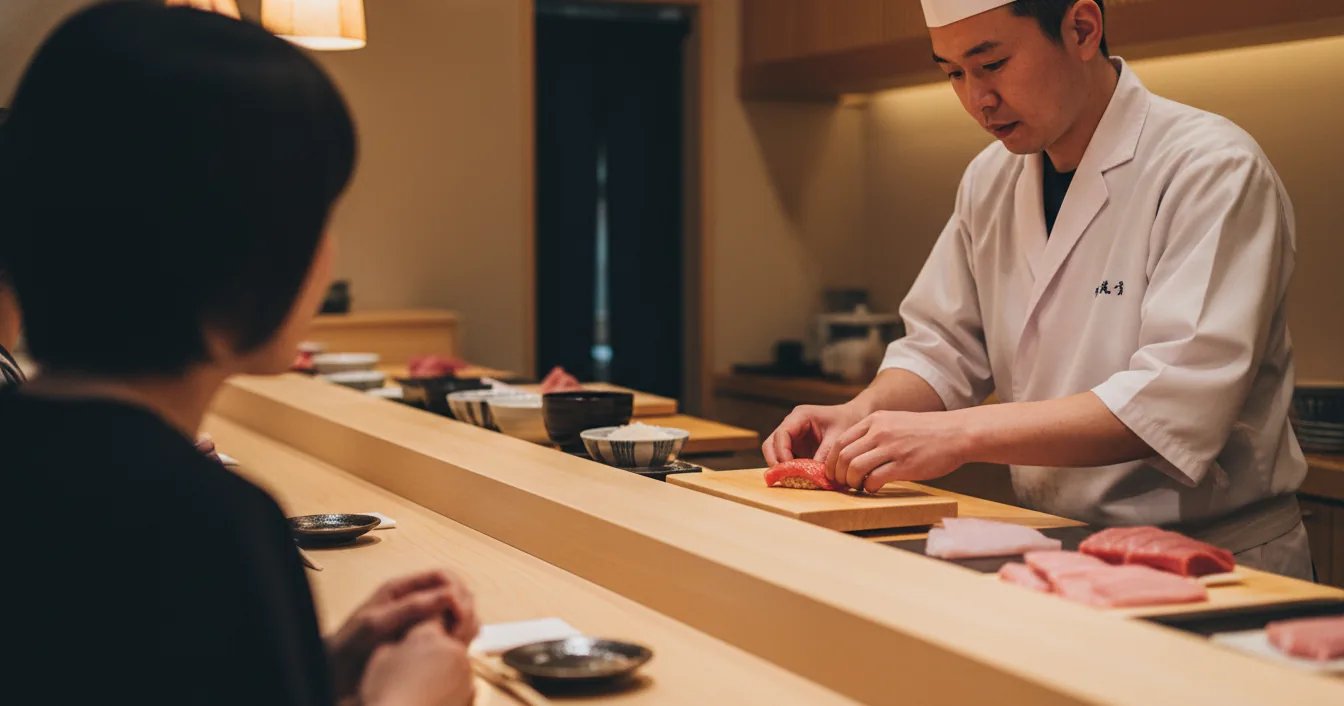 A sushi chef in a white jacket placing a piece of nigiri onto a hinoki wood counter for a seated diner.