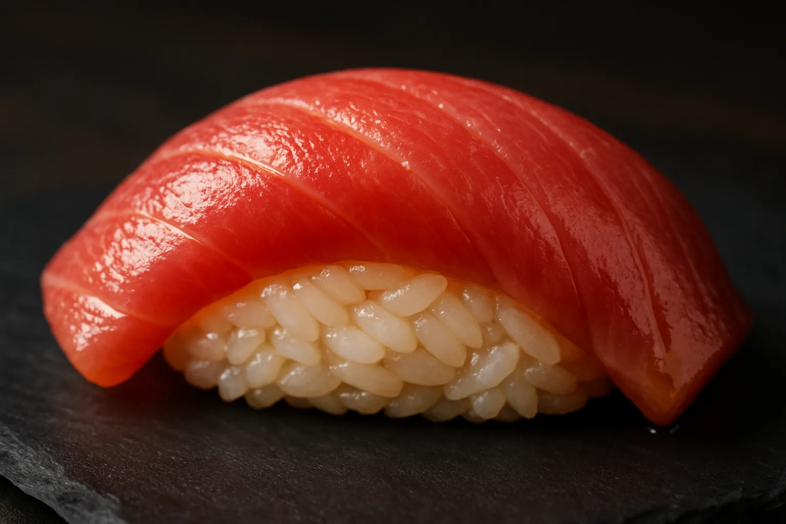 A single piece of fatty tuna nigiri on a dark slate plate, the fish glistening over seasoned rice.