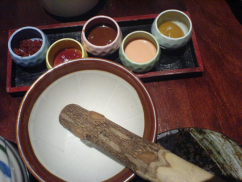 Dipping sauces and sesame seed mortar & by irrational_cat
