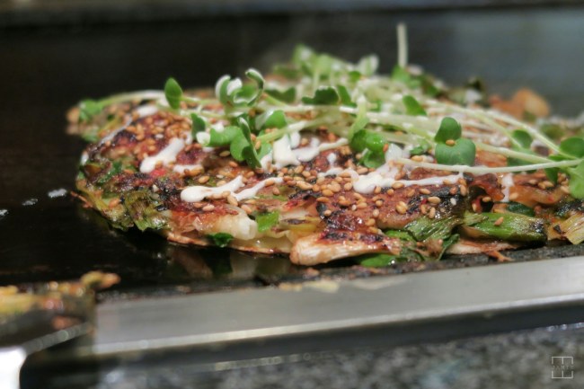 Okonomiyaki at Mizuno Restaurant in Dotonbori, Osaka, Japan