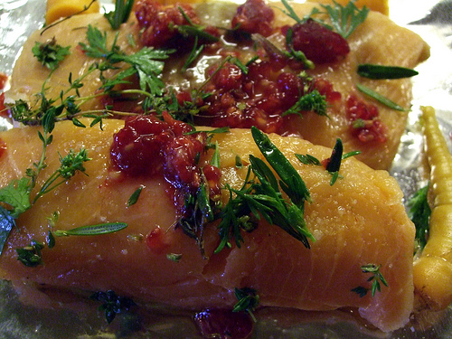 Salmon, carrots, raspberries, cilantro, by SMcGarnigle, on Flickr