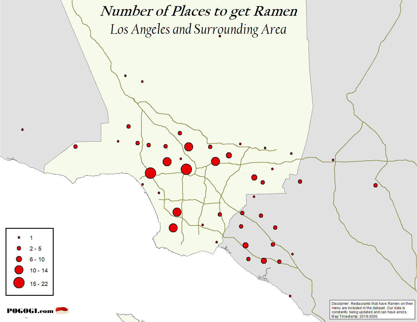 Los Angeles Map showing the number of places that serve Ramen